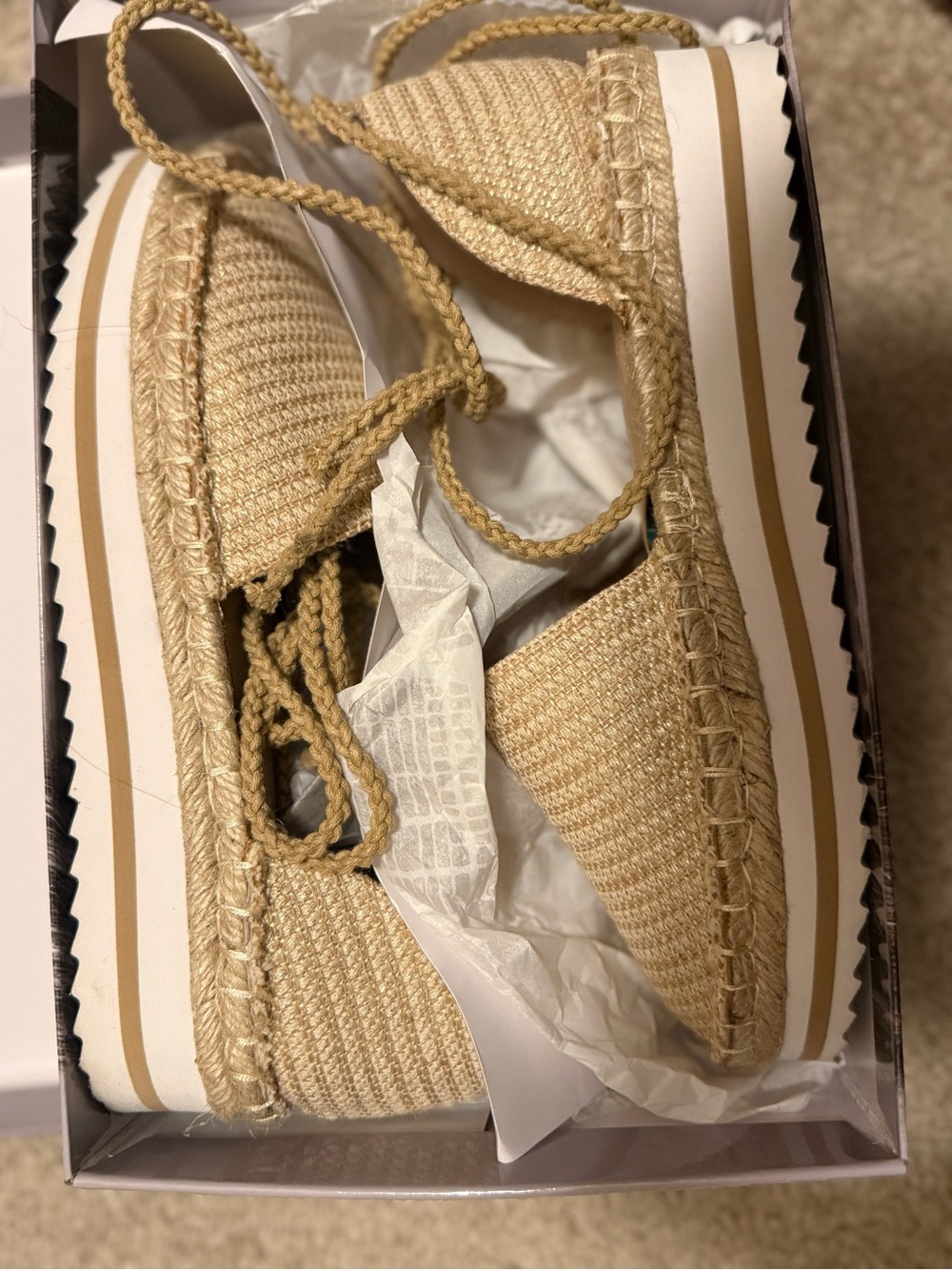 Jennifer Lopez Tan Lace-Up Espadrille Platform Flats